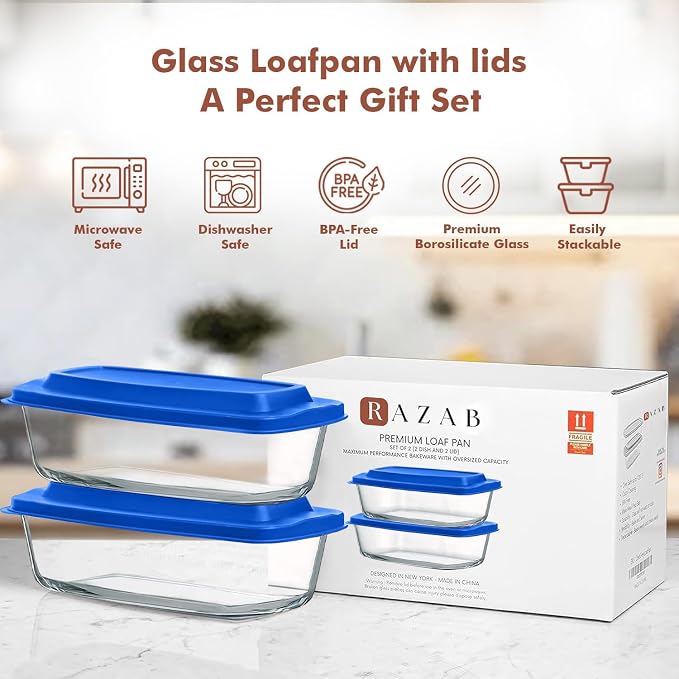Razab LARGE 7.6 Cups/1800 ML/1.9 Qt Glass Loaf Pan with Lids (Set of 2) - Meatloaf Pan BPA free Airtight Lids Grip Handle Easy Carry, Microwave and Oven Safe - Loaf Pans For Baking Bread, Cakes