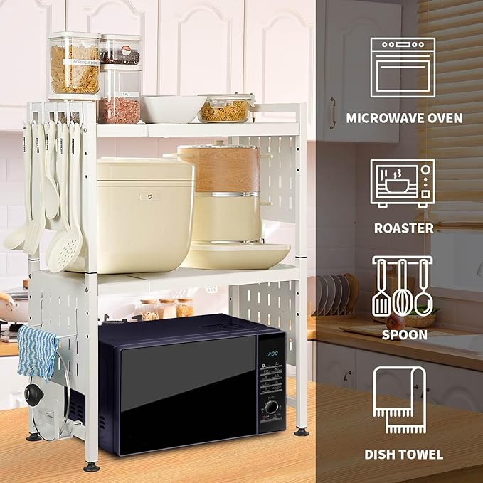 Expandable Microwave Stand Countertop, 3 Tier Heavy Duty Over Microwave Shelf Countertop with 4 Hooks, Height Adjustable Metal Microwave Oven Rack Shelf for Kitchen Tabletop,Holds 160lb,White