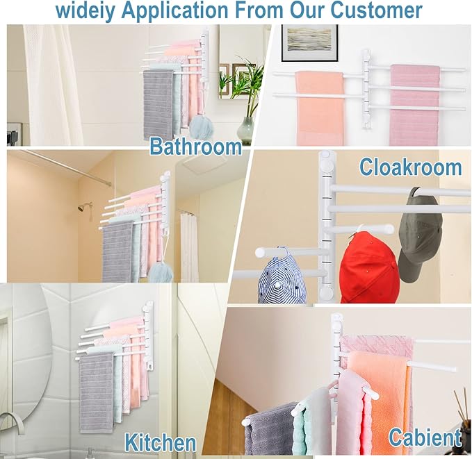 5-Arm Swivel Towel Rack - 180° Rotating Wall Mounted, 304 Stainless Steel Rustproof, Heavy Duty Bathroom Accessories, Space Saving Towel Organizer for Bathroom Kitchen Laundry - Pearl White