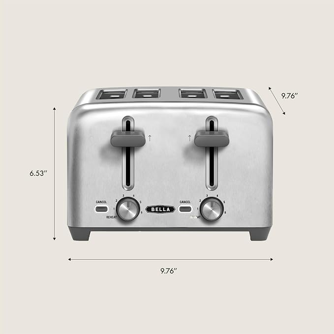 bella 4 Slice Toaster with Auto Shut Off, Extra Wide Slots and Removable Drop-Down Crumb Tray with Cancel and Reheat Function, For Texas Toast, Large Bread & Bagel, Stainless Steel
