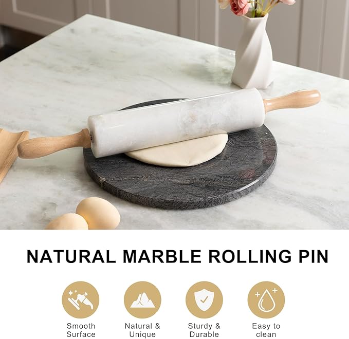Koville White Marble Rolling Pin With Wooden Handles & Wood Cradle, 18 Inch Polished Marble Rolling Pins For Making Pizza Dough, Dough Roller For Pie Crust, Cookie, Pasta, Ergonomic Handles