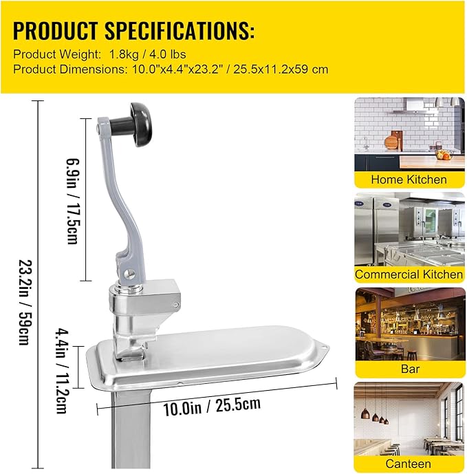 VEVOR Commercial Can Opener, 23.2"/59cm Long, Stainless Steel Manual Table Can Opener for Up to 15.7"/40cm Tall, Fixed with Clamp or Screws, Ergonomic Swing Handle & One Spare Knife, for Restaurants