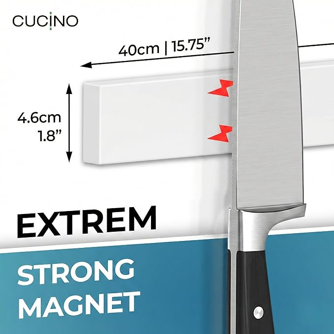 CUCINO Magnetic Knife Holder for wall, 16" no drilling required, includes self-adhesive tape, extra strong for holding knives – Awarded magnet strip – White Rubber