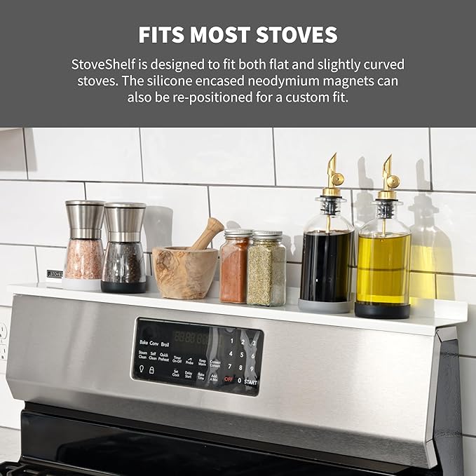StoveShelf 20" Apartment Length White Magnetic Shelf for Kitchen Stove - Kitchen Storage Solution with Zero Installation - Over Stove Spice Rack Organizer