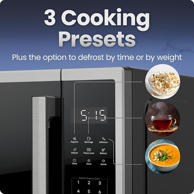 Chefman Countertop Microwave Oven 0.9 Cu. Ft., 1000 Watts with 10 Power Levels, 3 Cooking Presets with One-Touch Express Cook, 2 Defrost Settings, Child Safety Lock, & Mute Button – Stainless Steel
