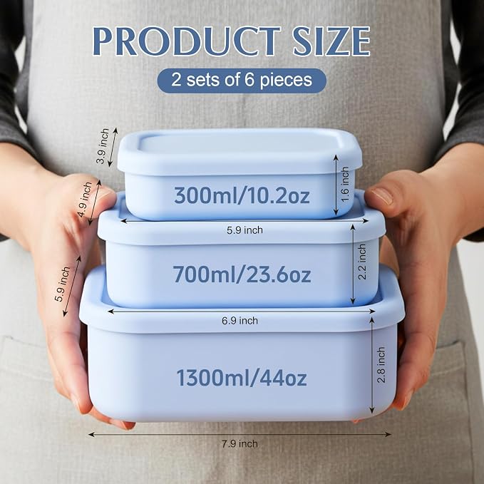 Blushtier 2 Sets of 6 Silicone Food Storage Containers, Reusable Lunch Bento Box with Lid, Hard Shell Storage Containers, Microwave Dishwasher Freezer Safe, 10 oz, 23.6 oz, 44 Ounce(Purple Blue)