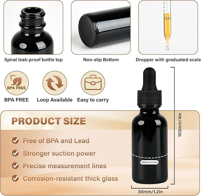 NOOEEISS 12 Pcs, 1oz Black Glass Eye Dropper Bottle, Tincture Bottles with Leak-Proof Design, Stronger Suction, for All Kinds of Mixed Liquids