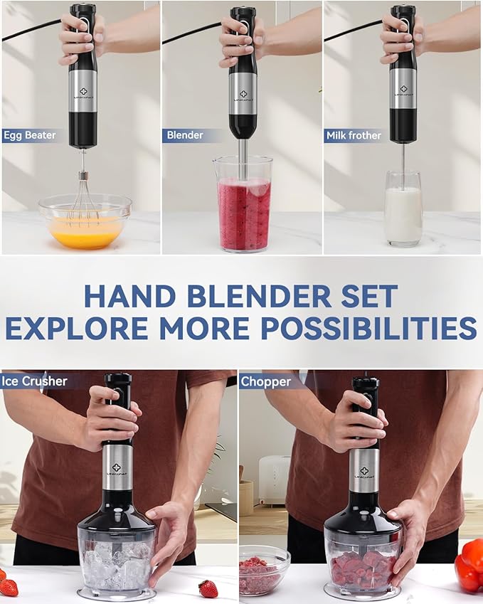 LINKChef 7-in-1 Immersion Blender, 800W Hand Blender with 20 Speeds and Turbo, Scratch-Resistant Guard, 2 Titanium Blades, Whisk, Milk Frother, Food Chopper, Beaker for Soup, Smoothies, Baby Food
