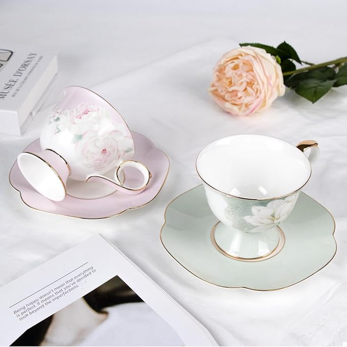 KAMMAK Ceramic Coffee Cups Saucers Set of 2, Porcelain Espresso Cup with Saucer, 8.12 oz Handmade Elegant Bone China Tea Cups, Ceramic Floral Pattern Demitasse Cup for Latte, Americano, Cappuccino