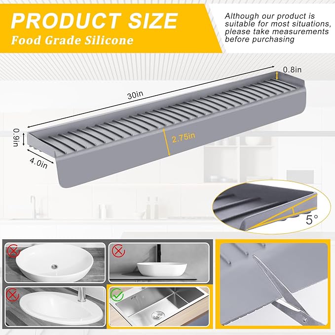 Silicone Sink Edge Protectors - Multifunction Accessories, Splash Guard & Draining Mat for Kitchen, Bathroom Sink, Steel, Granite, Quartz Countertops (Gray, 4 * 30in)