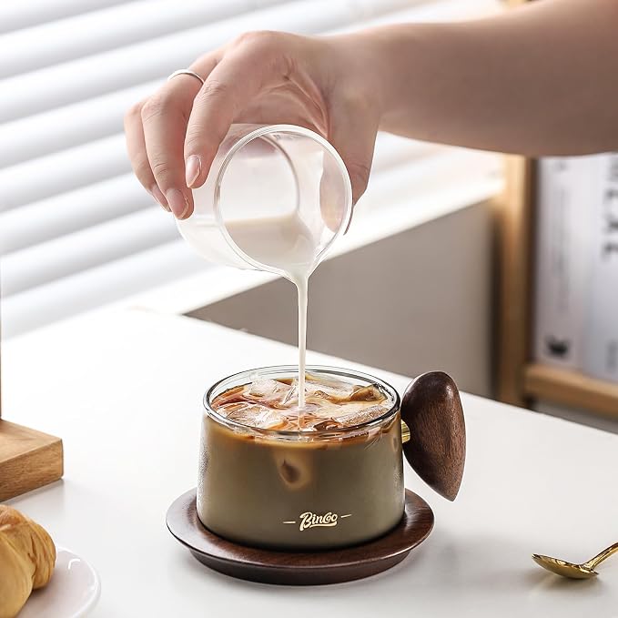 Bincoo Glass Coffee Cups and Saucers Set, 250ML Clear Glass Iced Coffee Mug Espresso Cup Tea Cup with Walnut Handle and Coaster (Gray)