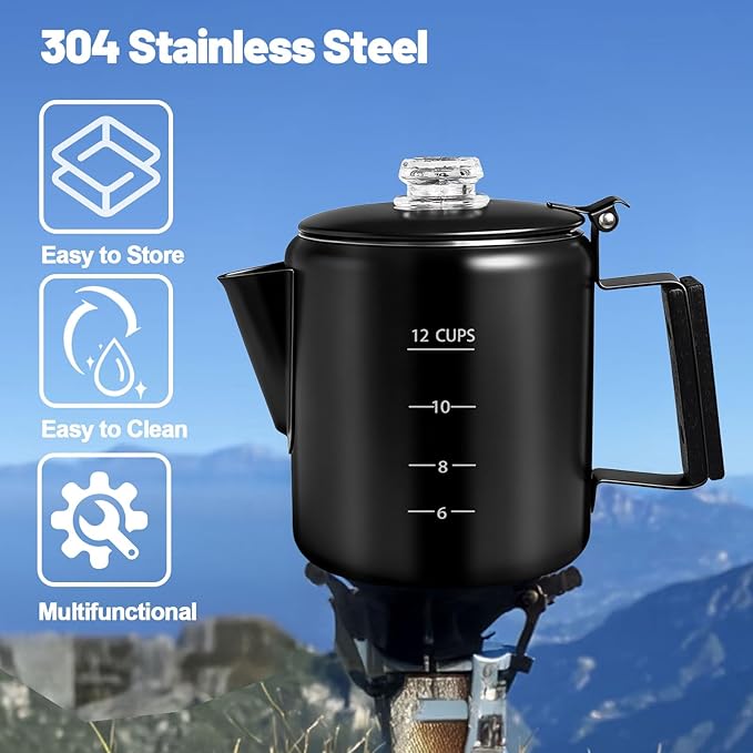 12 Cup Percolator 304 Stainless Steel Coffee Pot Coffee Maker Coffee Machine with Solid Wood Handle Transparent Knob Stovetop Greca Mocha for Induction Home and Camping 2200ml 74.4oz