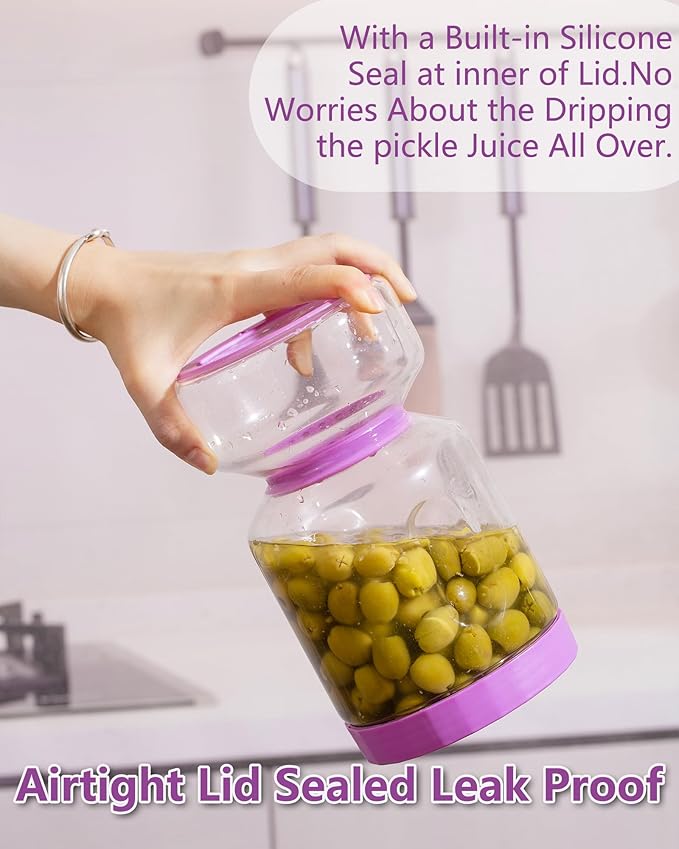 ZENS Pickle Jar with Strainer Flip, 2 Pack 51oz Pickle Container for Olive Juice Separator, Anti-Slip Leakproof Glass Hourglass Jars for Storage Pickles, Jalapeno, Gifts for Mom