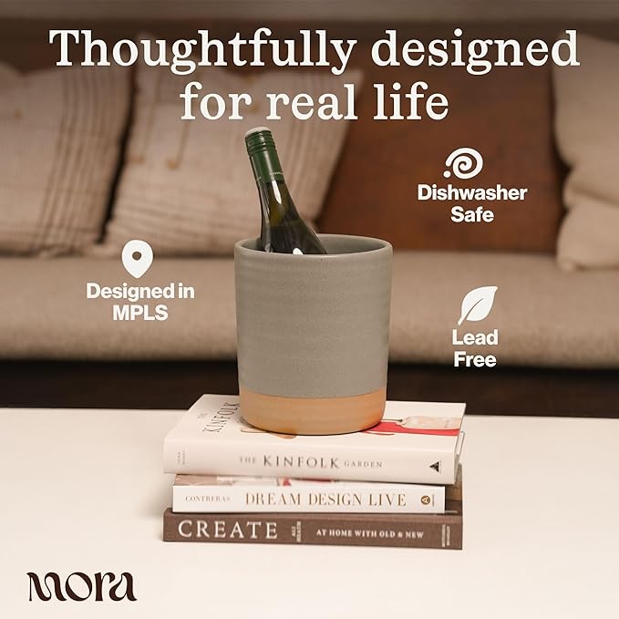 Mora Ceramic Kitchen Utensil Holder - Wooden Spoon & Spatula Crock for Countertop, Modern Farmhouse Home Decor, Extra Large 7.3" Cooking Organizer for Stove Top and Counter - Heavy & Sturdy - Mushroom