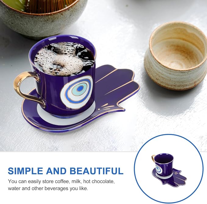 Luxshiny Evil Eye Coffee Cups Set: Turkish Blue Eye Espresso Cup Water Milk Mug Amulet Protection Tea Cup with Hamsa Hand Saucer Plate for Drinks Latte Lucky Decor Blue