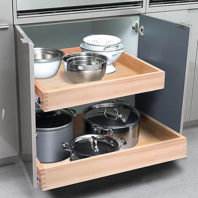 Mulush 28”W x 21”D x 3”H Soft Close Slide Out Wood Drawer Organizer for Kitchen, (Cabinet Opening>29.5 inches for Bottom Assembly, Width= 29 inches for Side Assembly)