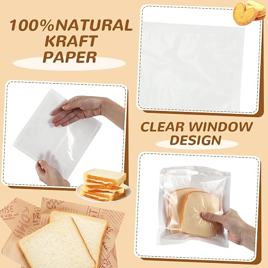 Outus 400 Pcs Cookie Packaging Bags with Seal, 7.1 x 7.5 Inch Bakery Pastry Bags with Window, Heat Sealable Grease Resistant Paper to Go Bake Sleeves for Gift Giving Donut Bread Sandwich (White)