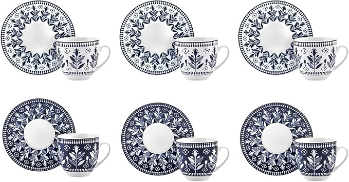 KARACA Peyker Turkish Coffee Cup Set for 6 People - 12 Piece Cups with Saucers - Small Bone China Espresso Set - Ideal for Serving Greek, Arabic Coffee (2.8 fl oz)