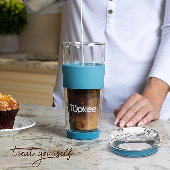 Double Wall Glass Tumbler - 14-Ounce, All Glass Reusable Insulated Tea/Coffee Mug & Lid, Hand Blown Travel Mug - Niagara