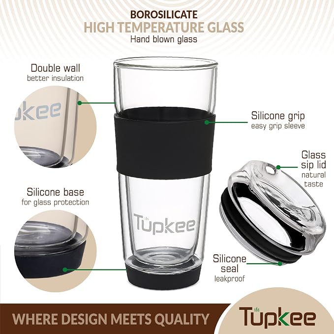 Double Wall All Glass Tumbler - 14-Ounce, Reusable Insulated Tea/Coffee Mug & Lid, Hand Blown Glass Travel Mug - Black - 2 Pack