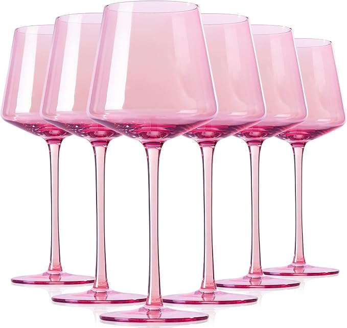 Physkoa Pink Wine Glasses Set 6-16oz Blush Pink Wine Glasses With Tall Long Stem and Flat Bottom,Pink Glassware for Home Decor & Gifts