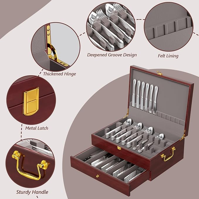 Mahogany Wood Silverware Storage Box,Silverware Case Flatware Chest with Felt Lined,Flatware Storage Box for 12 sets of Utensils（Walnut，2 Tier）