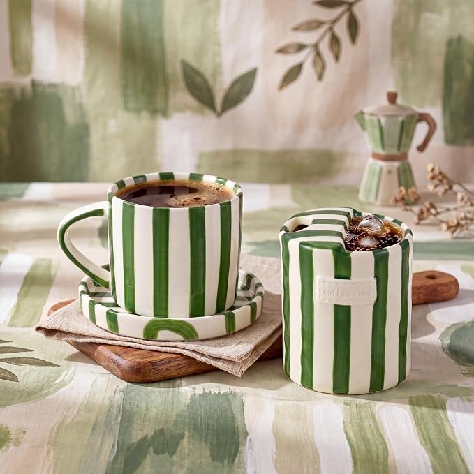Maxdot 2 Pack Ceramic Coffee Mug with Sip Hole, Retro Striped 8oz 10oz Hand-painted Ceramic Coffee Cup, Drinking Mug for Hot & Cold Drinks, Aesthetic Kitchen Office Travel & Gift