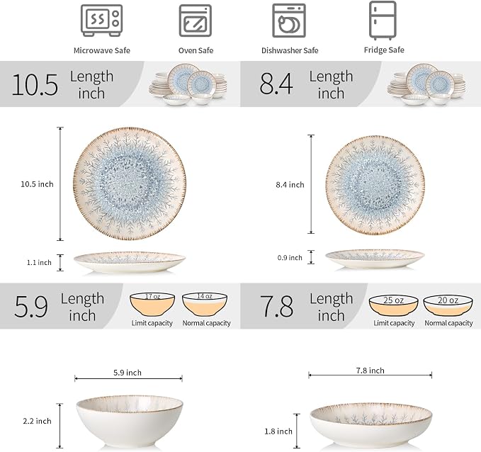 DOMICREVERY Ceramic Dinnerware Sets for 6, 24 pcs Plates and Bowls Sets, Blue Branch