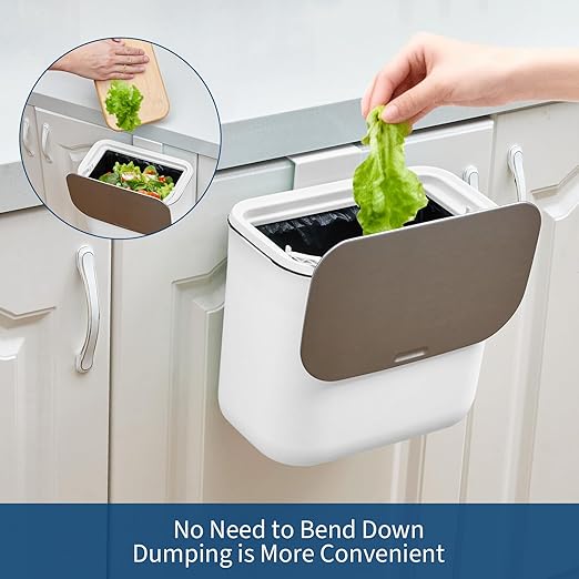 Hanging Kitchen Trash Can with Lid - 1.8 Gallon Small Compost Bin for Cabinet Door, Under Sink - Odor-Sealing Stainless Steel Top Food Waste Bin for RV, Bathroom, Office - Indoor Recycling Bin