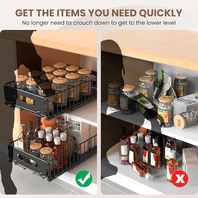 2 Pack Pull Out Cabinet Organizer, Heavy Duty Slide Out Drawer with No Drill Adhesive or Screw Mount, Carbon Steel Roll Out Shelf for Kitchen Cabinet, Pantry & Bathroom Storage