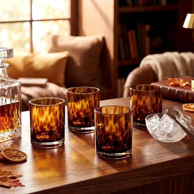 Honeydak Set of 4 Tortoise Leopard Print Brown 10.15 oz Rocks Glasses Stylish Stemless Cocktail Cups Glass Glassware Tumbler Ideal for Gin, Tequila, Vodka, Soft Drinks