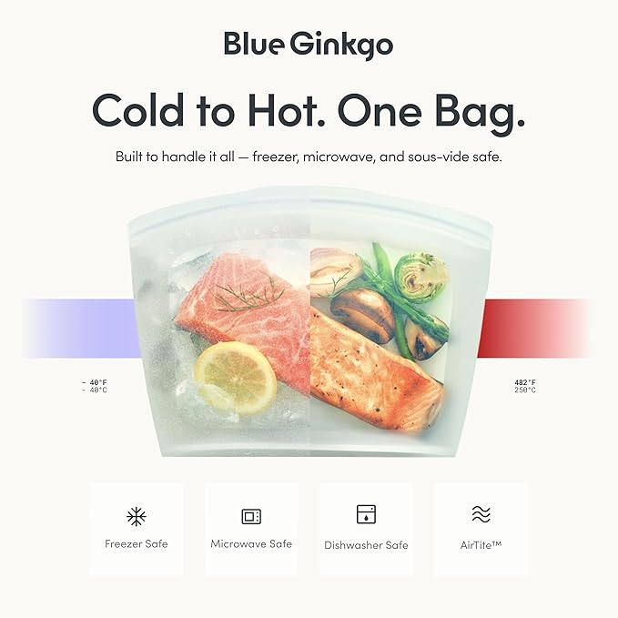 Blue Ginkgo Reusable Silicone Storage Bags – 3-Pack | Korean-Made Stand Up Food, Freezer Bags - Peach