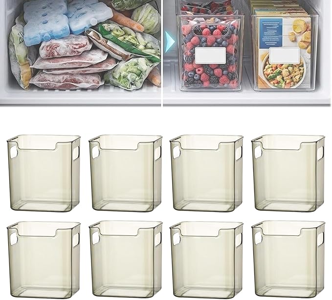 Crystal Clear Freezer Storage Bins, Stackable Fridge Organizer Bins with Handles, Clear Plastic Food Containers for Refrigerator and Pantry, Kitchen Organization for Meat & Veggies (Green*8, Small)