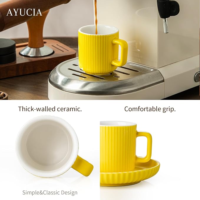 2.5OZ Mini Espresso Cups Set of 4, Yellow Ceramic Demitasse Espresso Mugs with Saucers, Small Coffee Cups for Single/Double Espresso Shots
