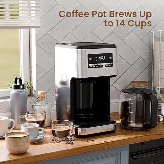 Electactic Coffee Maker, 14-Cup Programmable Drip Coffee Makers with Reusable Filter & Keep Hot Plate, Auto Pause Small Coffee Machines with Coffee Pot, Timer, Self-cleaning, for Home, Stainless Steel
