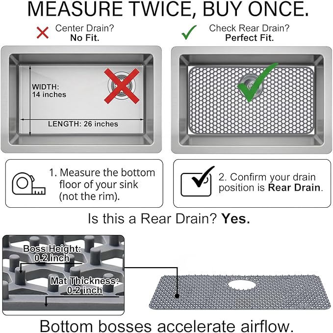 Silicone Sink Protectors for Kitchen - Non-Slip Heat Resistant Grid Mat for Farmhouse Porcelain Stainless Steel, Protects & Cushions Your Sink (Gray 1PCS, 26"x14" Rear Drain)