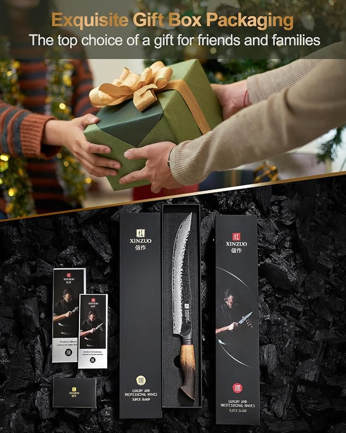 XINZUO 10 Inch Brisket Carving Knife，67-Layer Damascus Steel，Razor Sharp Curved Butcher Breaking Knives For Meat Cutting With White Oak + Red G10 Gasket Handle
