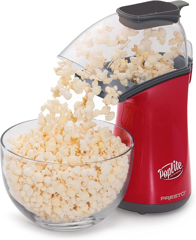Presto 04863 Poplite Hot Air Popcorn Popper - Built-In Measuring Cup + Melts Butter, Easy to Clean, Built-In Cord Wrap, 18 Cups, Red