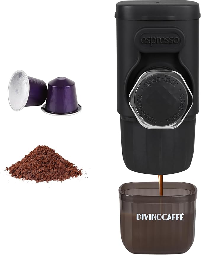 DIVINOCAFFÉ Mini Espresso Machine, Portable Espresso Maker Compatible for Capsules and Coffee Powder, Small Travel Coffee Maker, Manually Operated, 18 Bar Pressure, Perfect for Camping.