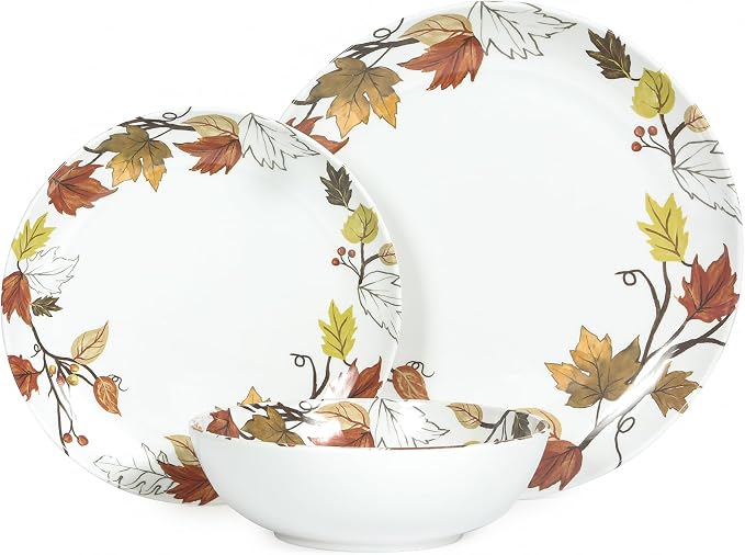 Melamine Dinnerware Sets 12 Pcs, Spring Party Plates and Bowls Sets, Camping Dishes Set for 4, Unbreakable, BPA Free, Dishwasher Safe（Yellow Maple Leaves）
