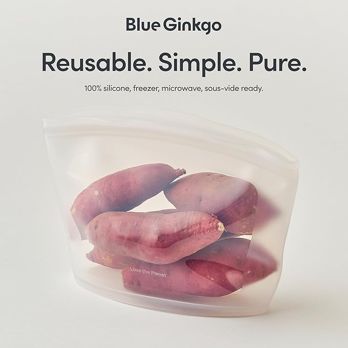Blue Ginkgo Reusable Silicone Storage Bags – 4-Pack | Korean-Made Stand Up Food, Freezer Bags - Clear
