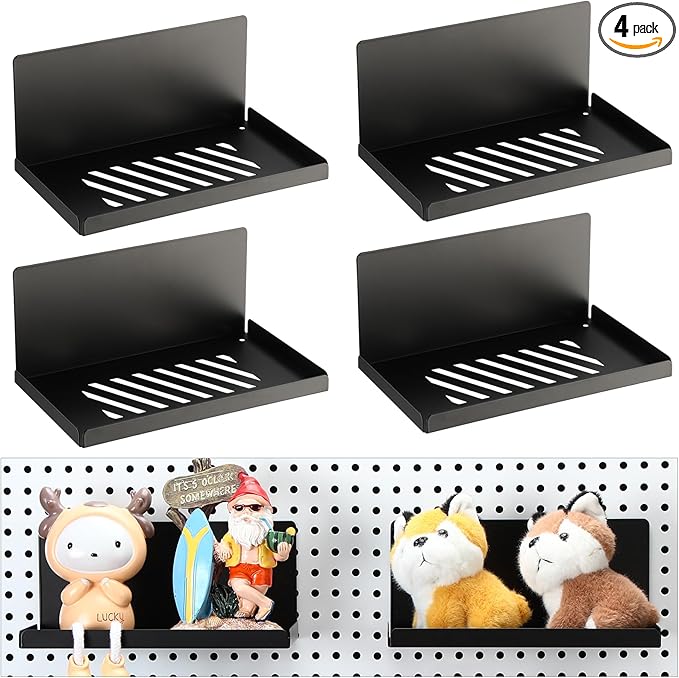 Therwen 4 Pack Magnetic Pegboard Shelves Wall Organizer Metal Pegboard Shelf Steel Tray Accessories Organizing Tools for Craft Home Kitchen(8 x 4.7 x 3.5 Inches,Black)