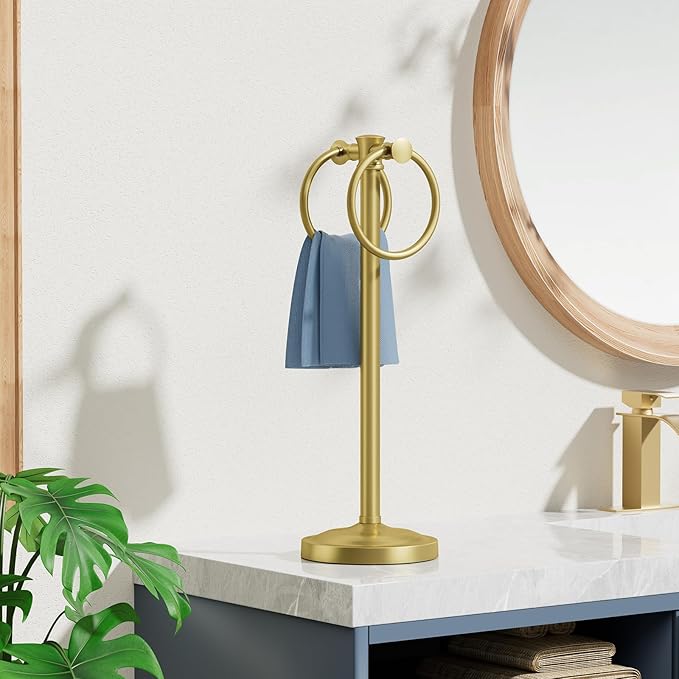 Hoimpro 17" Brushed Gold Free Standing Towel Rack Bracket, Double Towel Ring Hand Towel Stand Holder, Bathroom Hardware Accessories Set Towel Bar for Bathroom Vanities and Kitchen Countertops
