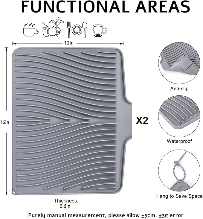 TIKNIK Silicone Dish Drying Mat, Stone Drying Mat for Kitchen Counter with Built-In Drain, Non-Slip Drain Pad with Built-in Drain, Heat Resistant Stone Drying Mat, Hangable, Grey-2pcs, 16" x 12"