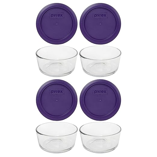 Pyrex 7200 2 Cup Glass Bowls & 7200-PC Plum Purple Food Storage Replacement Lids (4-Pack) - Made in USA