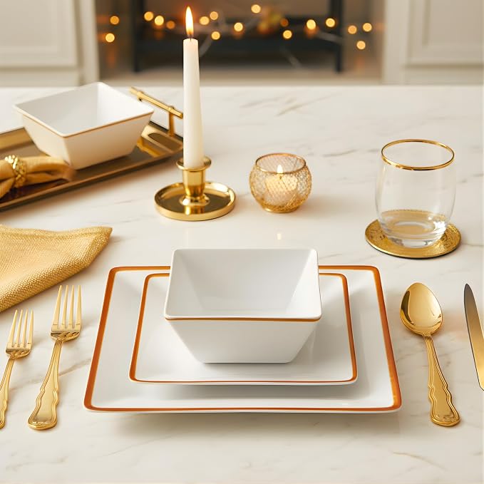 TP 12-Piece Melamine Dinnerware Sets, Plates and Bowls Dishes Set for 4, Break-Resistant & Non-Microwavable, Lightweight Square Dinner Plates, White with Rim