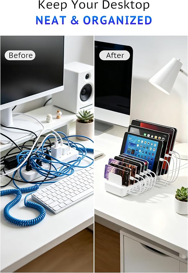 320W Charging Station for Multiple Devices, 10-Port USB Fast Charging Dock Adjustable Dividers & 8 Cables, 65W Laptop Port, Fireproof & Anti-Slip for Office Home Gamers