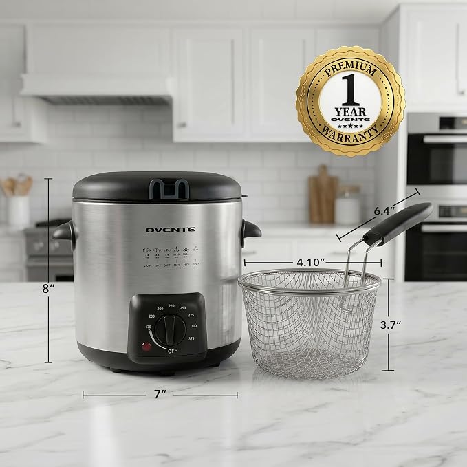 OVENTE Electric Deep Fryer 0.9L Capacity with Locking Lid, Adjustable Temperature Knob, Removable Frying Basket and Cool Touch Handle, 840W Power, Easy to Clean Stainless Steel Body, Silver FDM1091BR