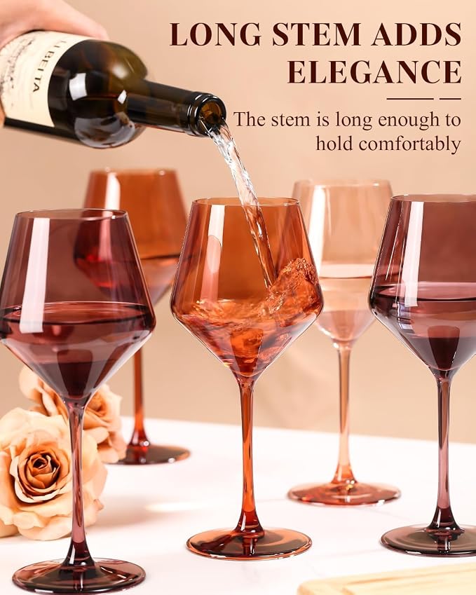 Venus Colored Wine Glasses Set of 6-17.5【Hand Blown】 Brown Wine Glasses with Tall Long Stems, Elegant Amber Melanin Colored Glassware - Unique Gifts for Wine Lovers-Wedding Gifts