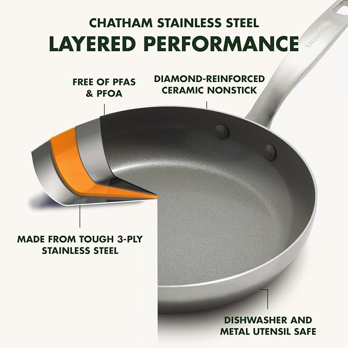 GreenPan Chatham Tri-Ply Stainless Steel Healthy Ceramic Nonstick 8" and 10" Frying Pan Skillet 2-Piece Set, PFAS-Free, Multi Clad, Induction, Dishwasher Safe, Oven Safe, Silver
